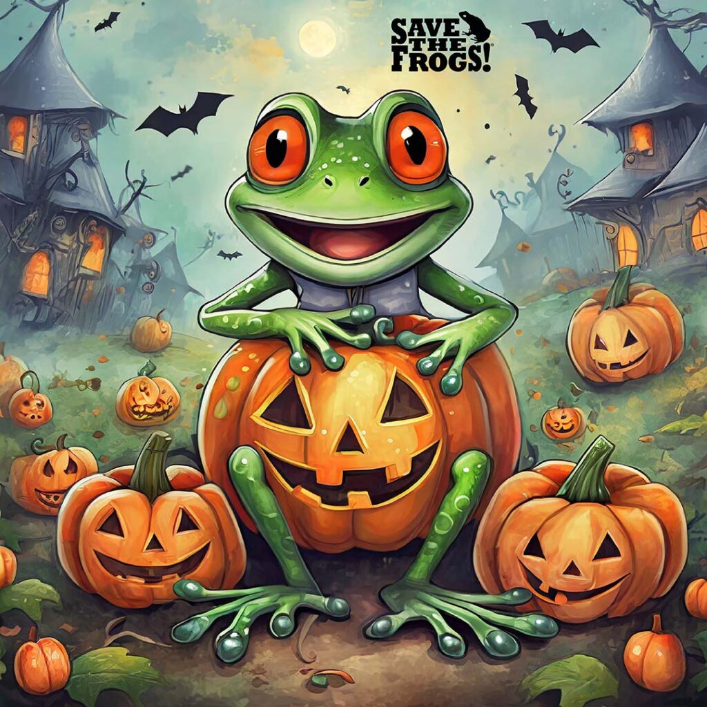 Firefly art by Kerry Kriger - happy frogs with jack-o-lanterns in a halloween pumpkin patch