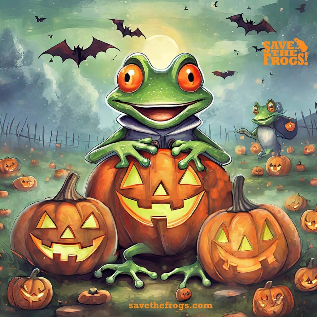 Firefly art by Kerry Kriger - happy frogs with jack-o-lanterns in a halloween pumpkin patch