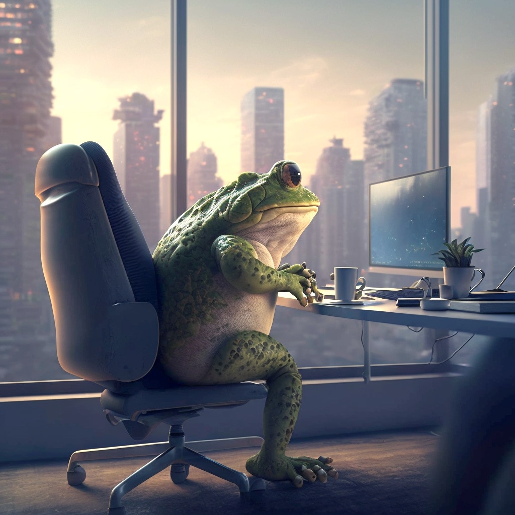 Frog Office Chair Computer Website Midjourney Kerry Kriger Art