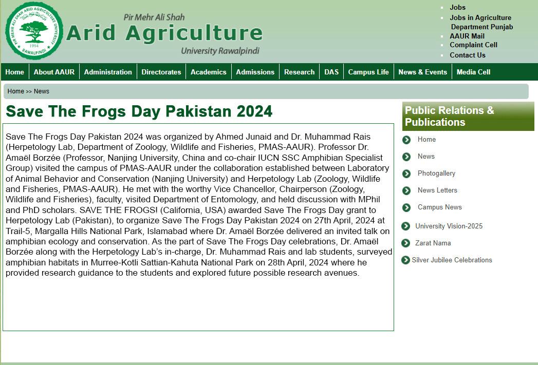 Pakistan Save The Frogs Day 2024 Web Coverage PMAS Arid University