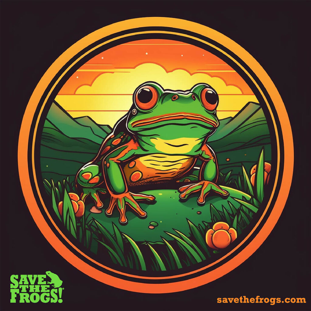 Emblema rotondo Frog Mountains - Arte di metà viaggio - Kerry Kriger
