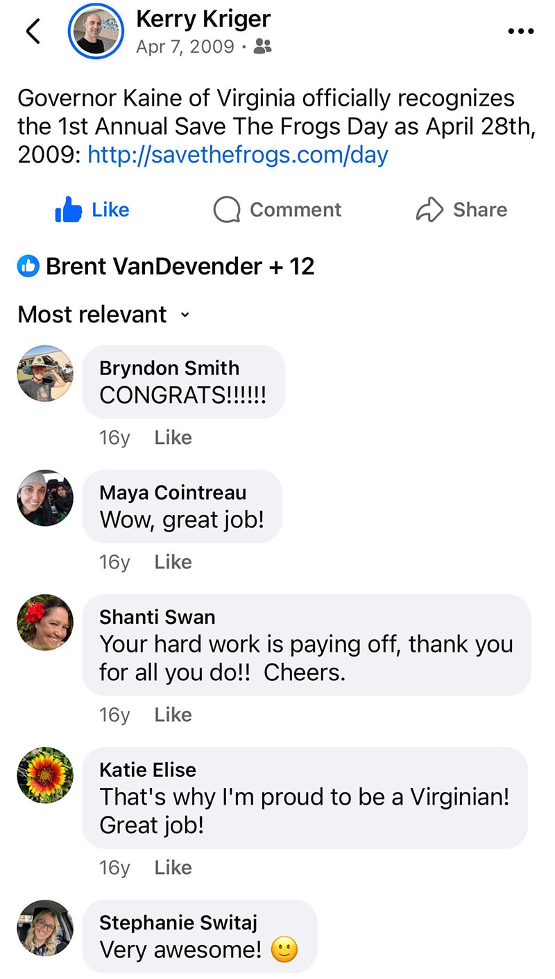 Save The Frogs Day 2009 Tim Kaine Kerry Kriger Facebook Post