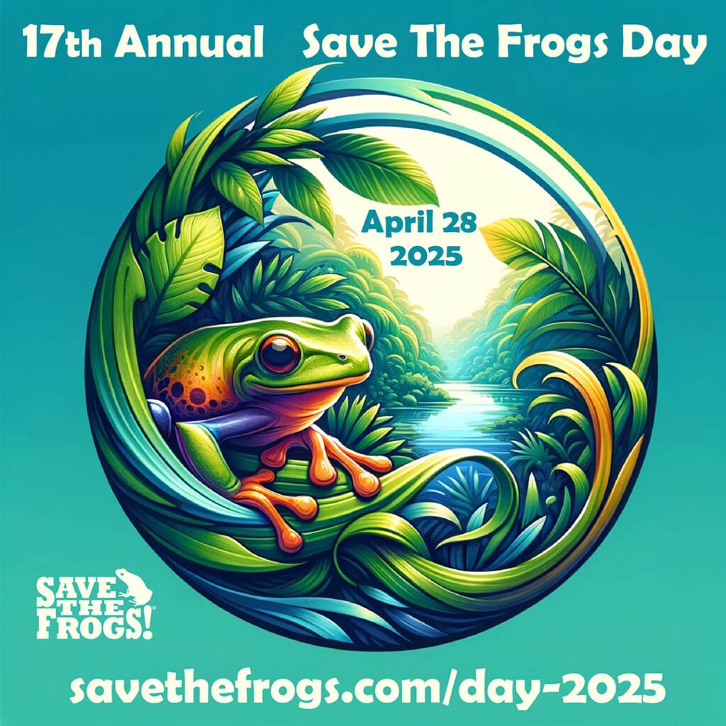 Save The Frogs Day 2025 Circle River Frog Art Dall-E Kerry Kriger Blue Green
