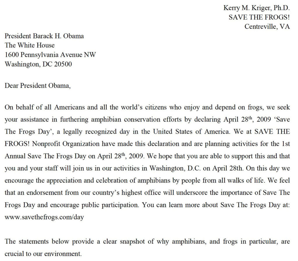 Letter To President Obama - Save The Frogs Day 2009-02-14 - Kerry Kriger 1200