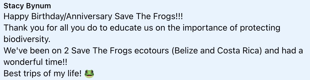 Stacy Bynum 15th Birthday Save The Frogs Ecotour Testimonial