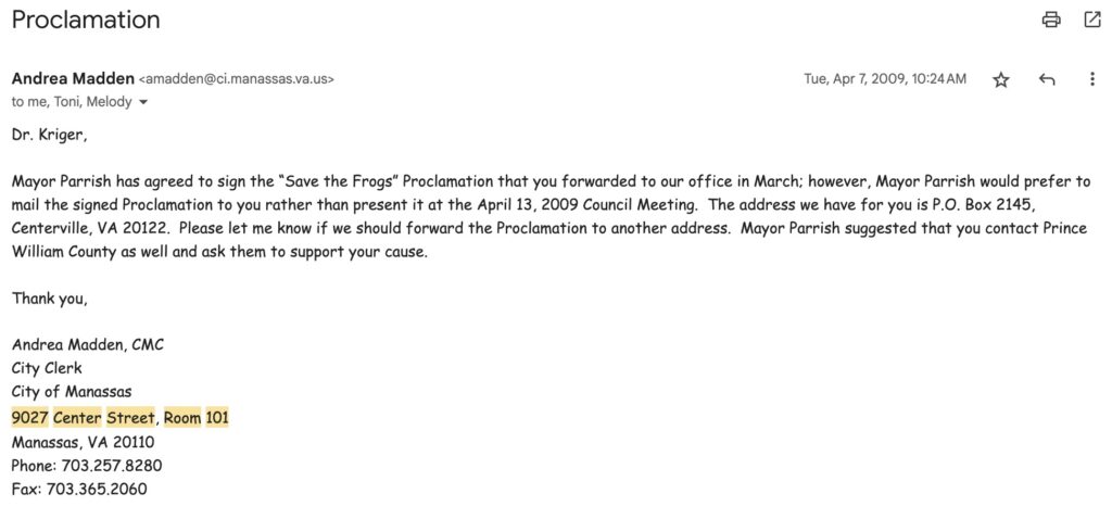 proclamação do dia-Manassas-VA-Mayor-Harry-Parrish-Proclamation-Save-The-Frogs-2009
