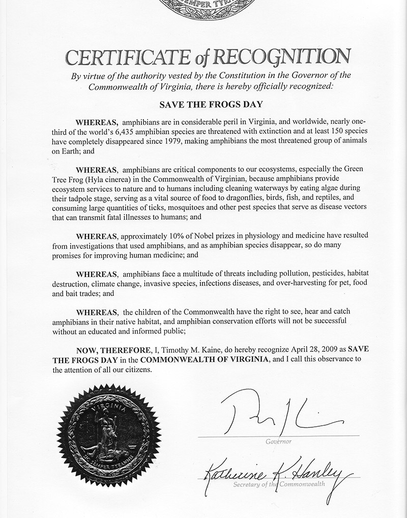 Proclamação Save The Frogs Day Governador Tim Kaine VA 2009